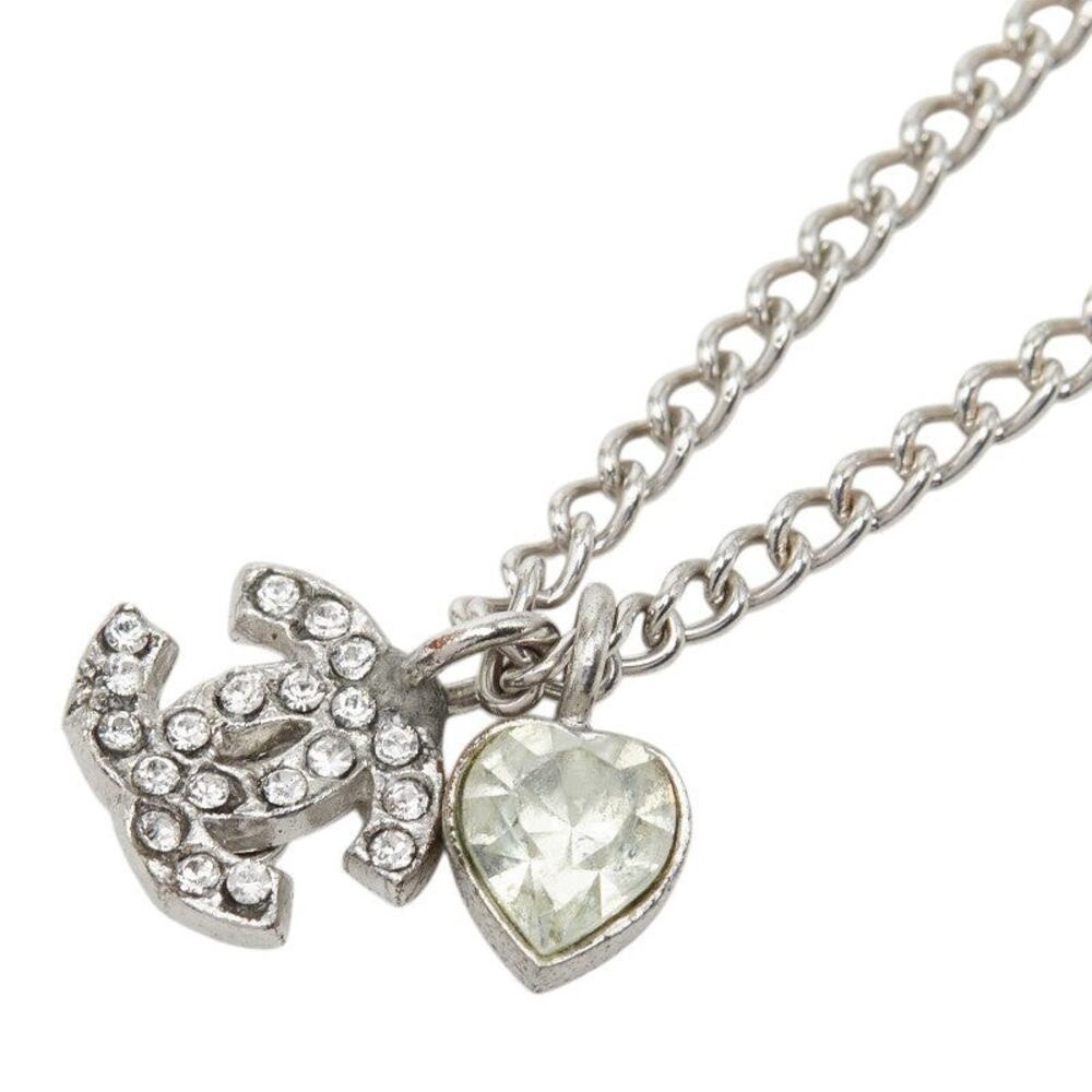 Chanel CC Logo Heart Pendant Necklace Silver